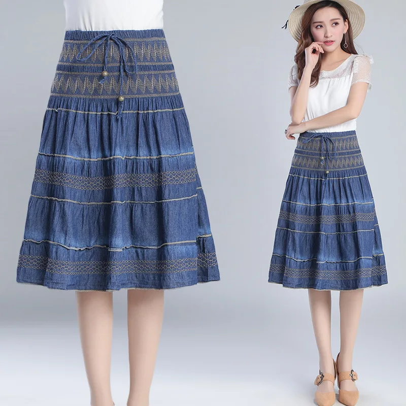 

2019 New Style A- line Skirt Thin Elastic Waist Middle-aged Dress Denim Skirt Middle-aged Women Dress Summer