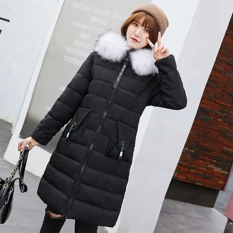 Черный Women Winter Jacket Arrival With Fur collar Hooded Long Coat Cotton Padded Warm Parka plus size 7XL Womens Parkas - Цвет: Черный