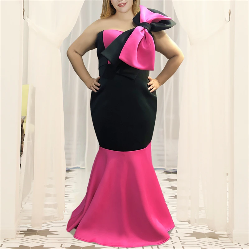 

Plus Size Women Party Dress Maxi Black Rose Red Color Block Tube Tops Sexy Big Bowtie Event Occasion Celebrate Evening Long Robe