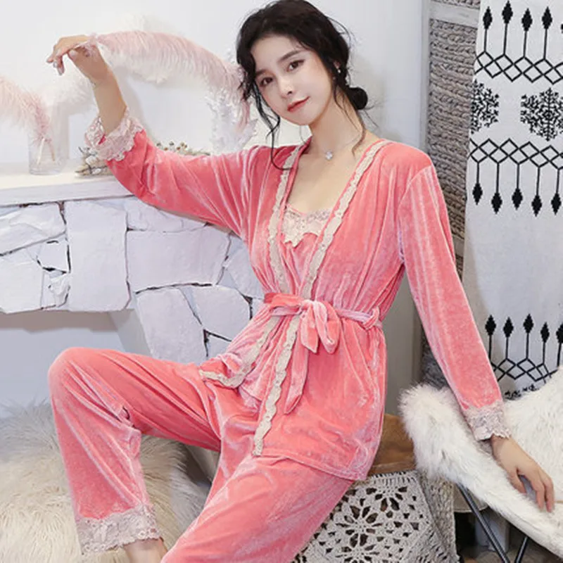 Бaрхaтныe лeггинсы пижамный комплект Для женщин Pyjama длинные брюки халат-жилет 3 шт./компл. большой Размеры женский сексуальный пояс Домашняя одежда Зимняя одежда - Цвет: Розовый