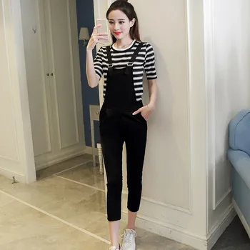 

Womens Black Ankle-Length Jumpsuits + Short Sleeve Loose Striped T-Shirts 2PCS Set