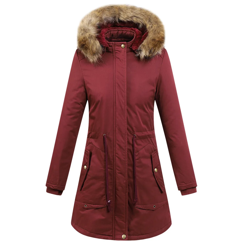 

2018 Autumn And Winter Wish Women's Medium-length Casual Cotton-padded Clothes Hooded And Fur Collar Coat plus Velvet Pure Cotto