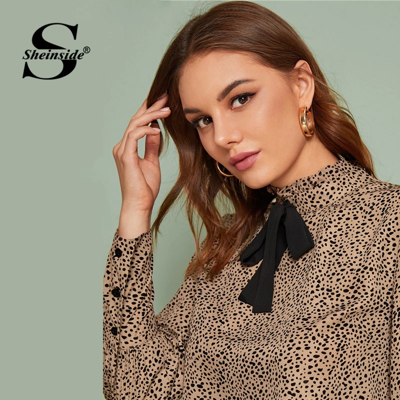 Sheinside, элегантная женская блузка в горошек с галстуком-бабочкой на шее, осень, женские блузки на пуговицах с манжетами, офисный женский топ с замочной скважиной на спине