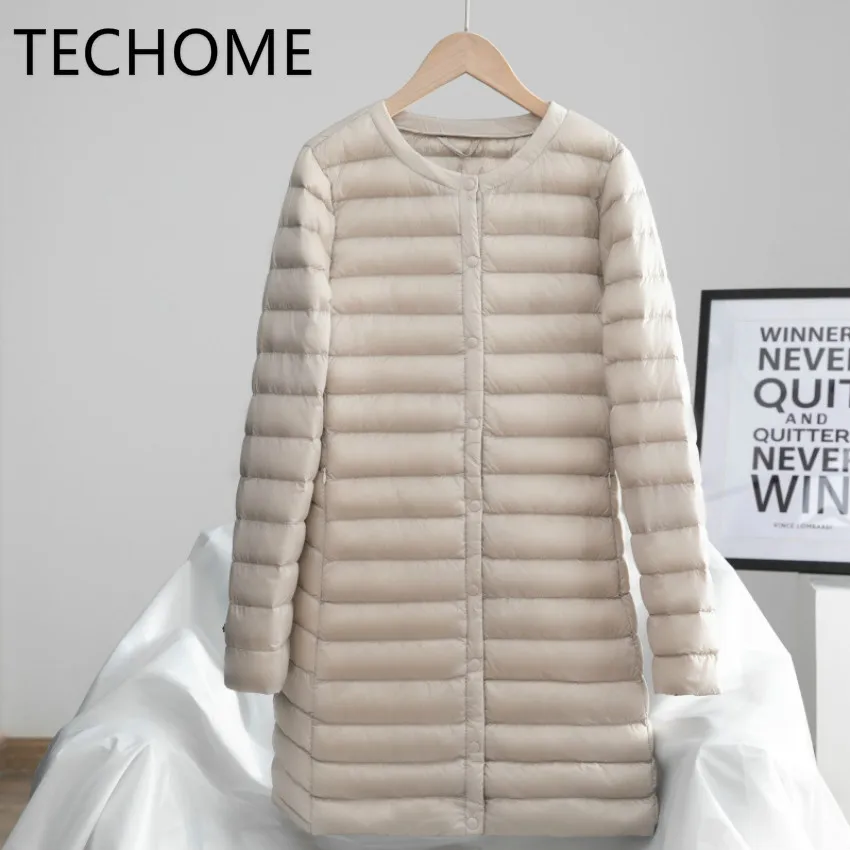 Techome женский пуховик ультра легкий белый утиный пух длинное пальто тонкий зима осень теплая внутренняя нижняя одежда