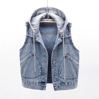 Smlinan Hooded Sleevless Denim Waistcoat Coat Women Spring Autumn Single Breasted Casual Vintage Streetwear Jacket Vest Female