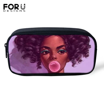 

FORUDESIGNS Cartoon Kids Pencil Bags Black Afro Girls Pattern Girls Travel Make-up Bags Afro Arts Design Students Mini Pen Bags