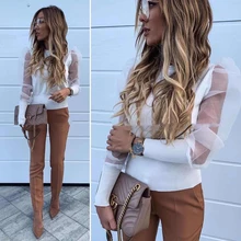 

Women Puff Mesh Sleeve Tops Pullover Blouse Sweater Casual Loose Jumper Sweater Tops