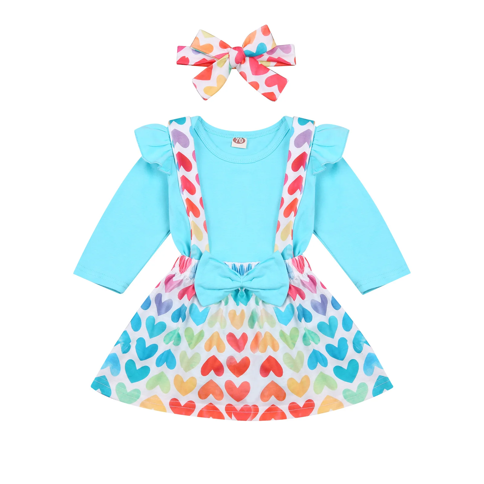 

2020 New Fall Autumn 3-24M Toddler Baby Girl 3Pcs Set Colorful Heart Print Suspender Skirt+Blue Ruffled Long Sleeve Bodysuit+Bow