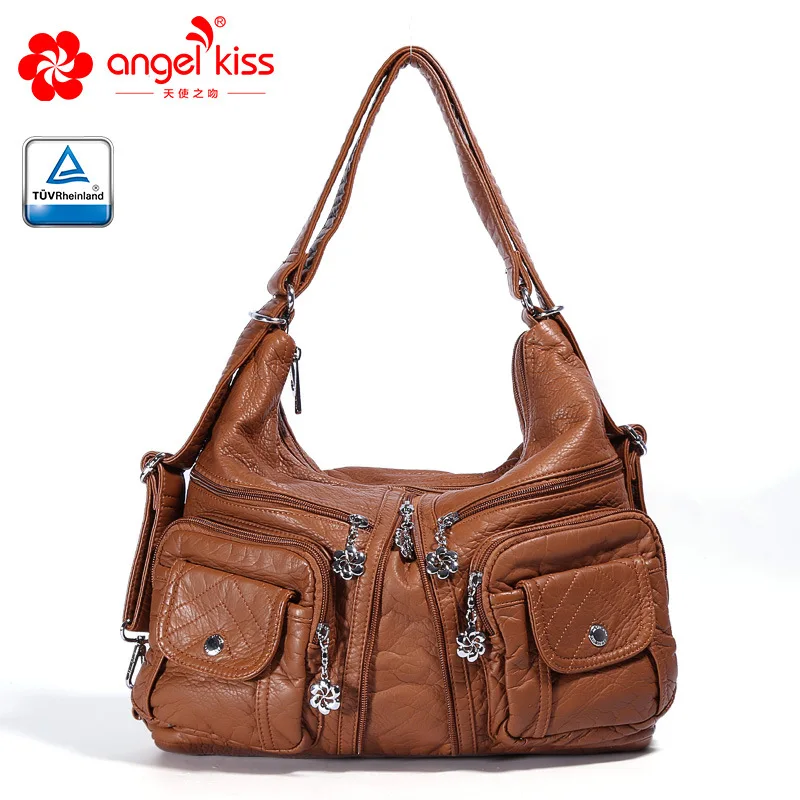 Brown Angelkiss Женская мода высокое качество промытый из искусственной кожи мотоцикл большой сумки на плечо мульти карман леди стильная сумка через плечо - Цвет: Brown