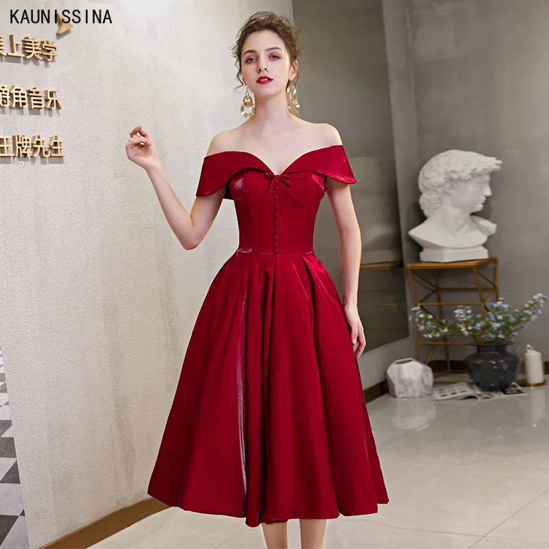 

Elegant Cocktail Dresses Burgundy Party Graduation Gowns Women Prom Coctail Formal Dresses Sexy Off Shoulder A-Line Vestidos