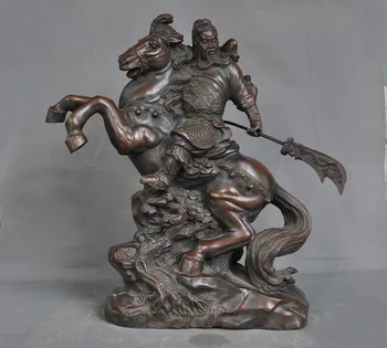 

wedding decoration China temple Bronze pine horse riding hold Knife Dragon Guan Gong Guan-yu Statue