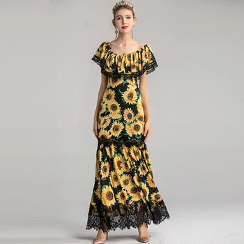 

VERDEJULIAY Vintage Maxi Dress 2020 Spring Summer Fashion XXL Cloak Slash Neck Yellow Print Bodycon Lace Patchwork Black Dress