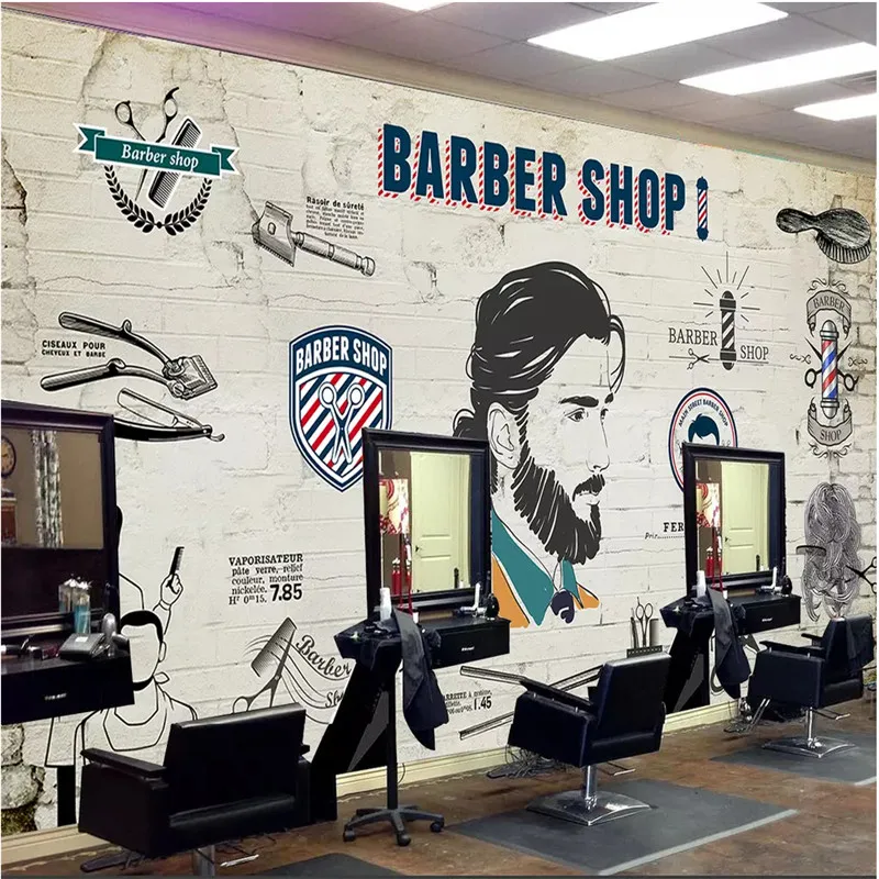 Personalized Custom Barber Shop Decor Mural Papel De Parede 3D Men's Hair Design Red Brick Background Wallpaper 3D Wall Paper