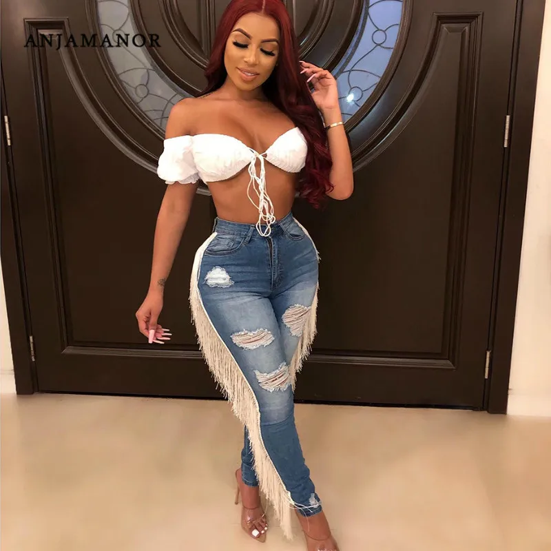 

ANJAMANOR Tassel Ripped Jeans for Women Plus Size High Waist Hole Skinny Jeans Woman Blue Denim Pencil Pants Fall 2019 D43-AI30