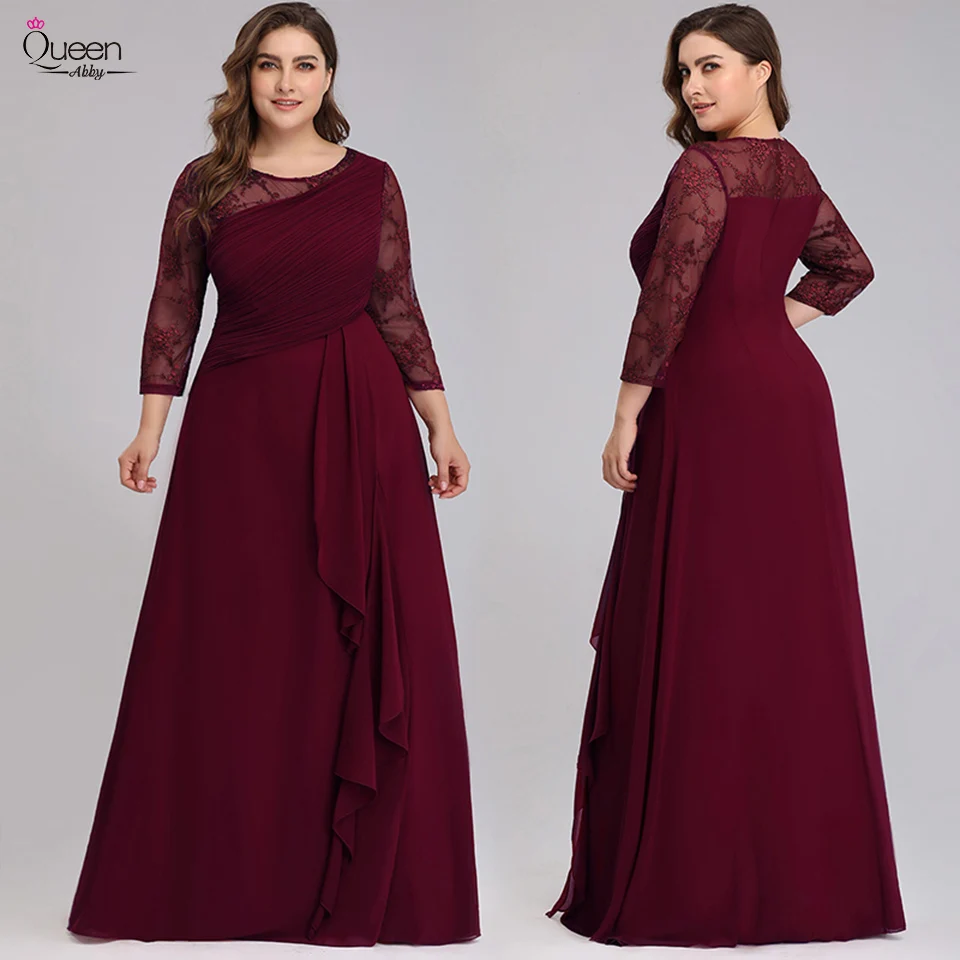 

A-line Elegant Lace Evening Dress Scoop Lace Long Sleeves Pleated Chiffon Dress with Ruffle Zipper-up Dress for Party
