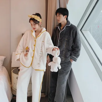 

FZSLCYIYI Lovers Flannel Warm Pajamas Sets Couple Sleepwear Family Pijama Night Suit Men & Women Casual Home Clothing