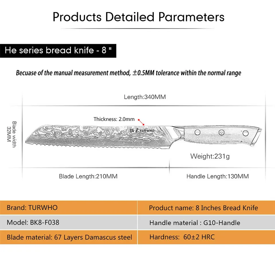 TURWHO кухонный хлебный нож зубчатый японский дамасский лезвие из нержавеющей стали 8 дюймов ножи шеф-повара хлеб сыр торт резак инструмент