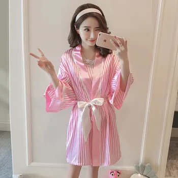 

Sexy Pink Striped Bride Bridesmaid Wedding Kimono Brathrown Gown Sweet Lace Trim Strap Top Nightdress 3PCS Lady Sleepwear Set