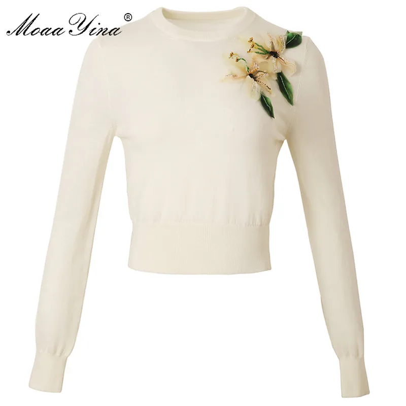 MoaaYina/Модный вязаный пуловер, свитер, весенний женский длинный рукав, Цветочный бисер, расшитый блестками, повседневный вязаный короткий свитер