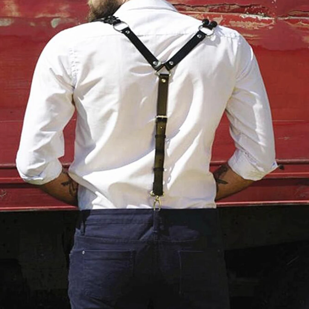 Mens Artificial Leather Suspenders Y-Back Double Shoulders Braces Hooks Belt