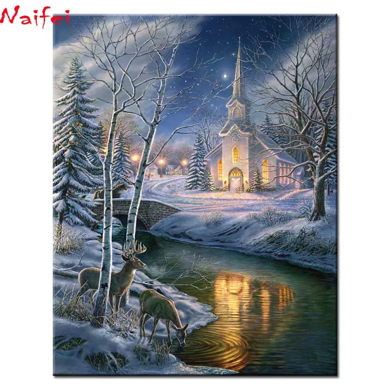 Diy 5D Diamond Embroidery Christmas Church Lake Winter Landscape Diamond Mosaic Diamond Painting Kits full Square Round Drill