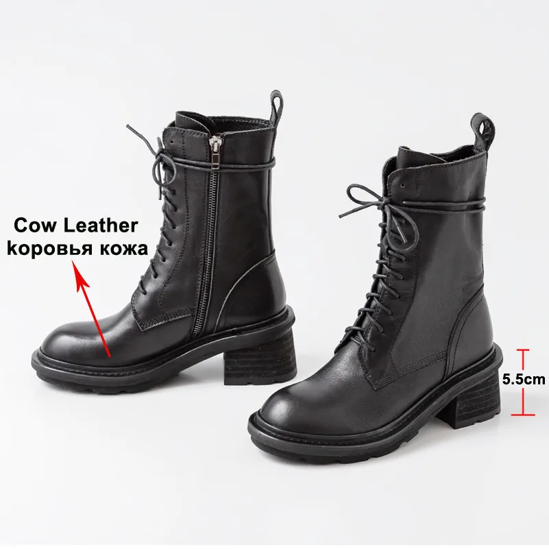 Meotina/осенние мотоциклетные ботинки женские сапоги до середины икры из натуральной кожи на толстом высоком каблуке обувь на молнии с круглым носком женские размеры 34-39