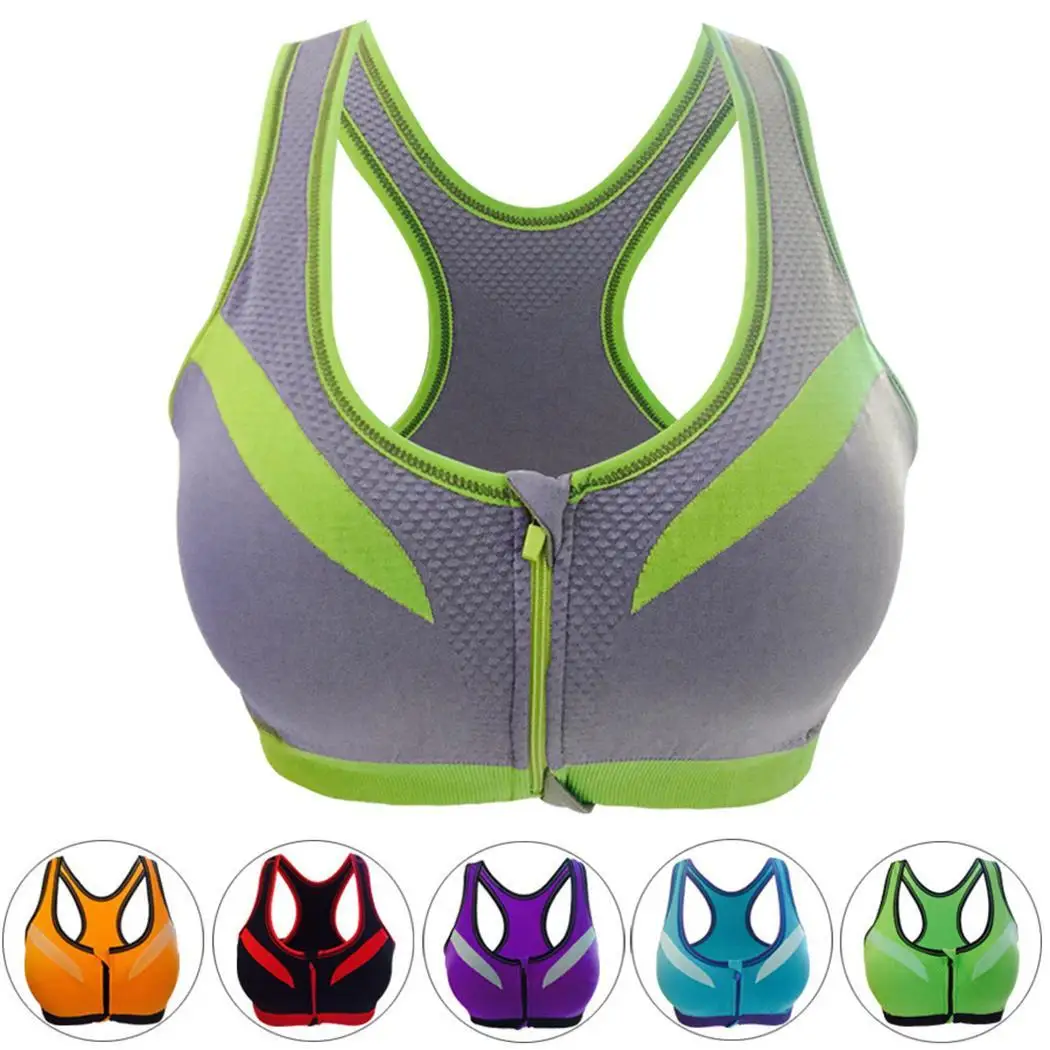 Women Casual Workout Yoga Clothes Activewear Zipper Sports Elastic Bra Sleeveless Patchwork O-Neck