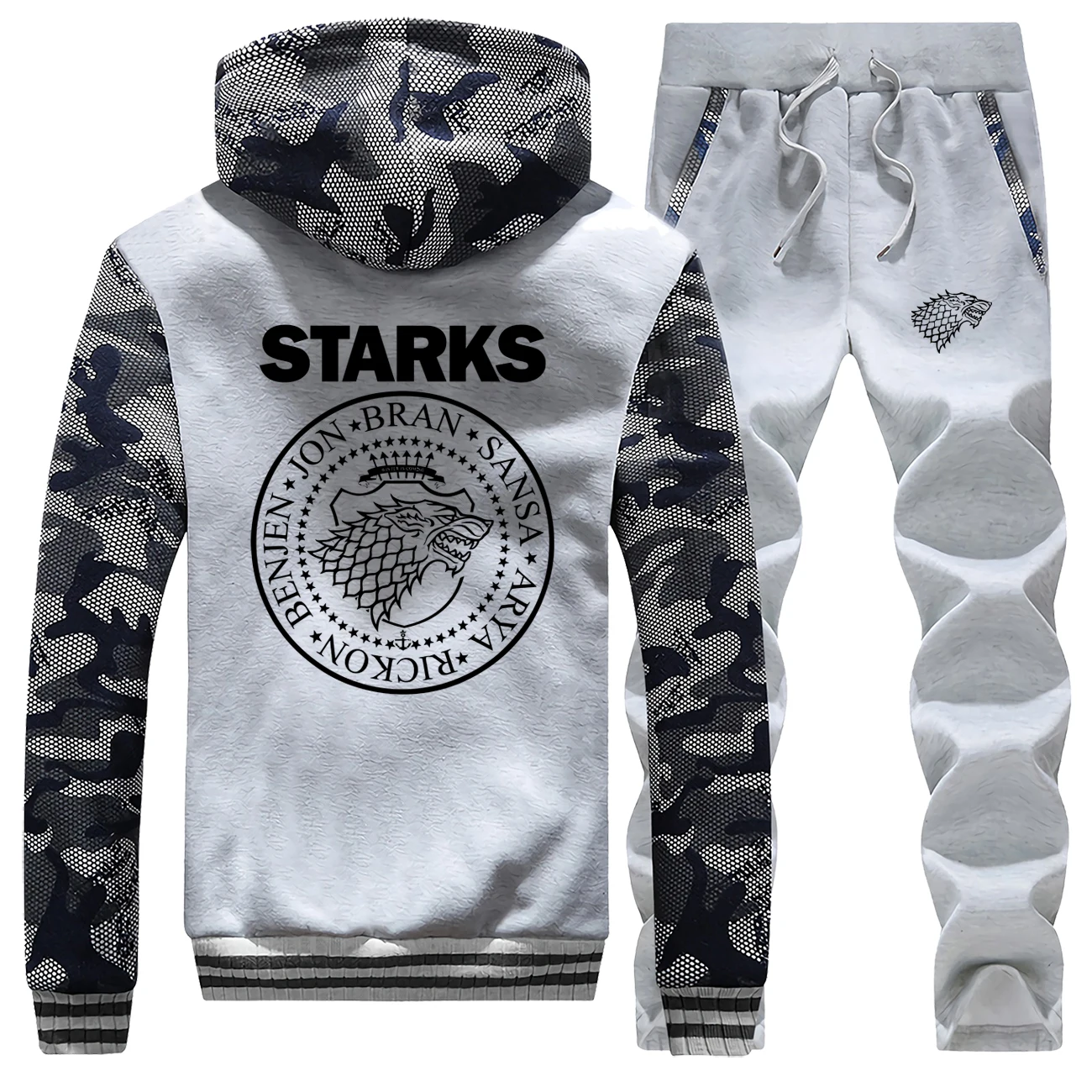 

Wolf Print Winter Jacket+Pants 2 Piece Sets Men Fleece Mens Hoodies Sweatshirt Trousers Suit Fashion House Strarks Man Tracksuit