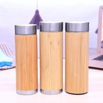 

Bamboo Stainless Steel Water Bottle Vacuum Insulated Coffee Travel Vacuum Cup With Tea Infuser Strainer 450ML Wooden Bottle