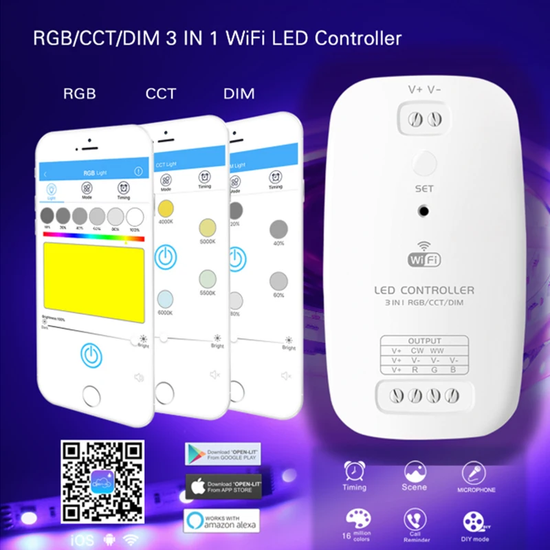 Умный контроллер светодиодной ленты 3 в 1 Wi Fi DIM/RGB/CCT совместим с Alexa Assistant для