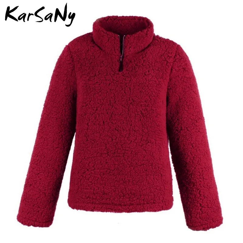 Wine red KarSaNy, флисовая Толстовка для женщин, большой размер, Женская водолазка, искусственный свитер с мехом, женский черный свитер на молнии, женские толстовки, пуловер - Цвет: Wine red