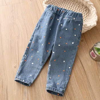 

2020 Casual Spring Autumn 2 3 4 6 8 9 10 Years Children Pocket Elastic Cotton Dot Loose Big Size Denim Jeans For Kids Baby Girls