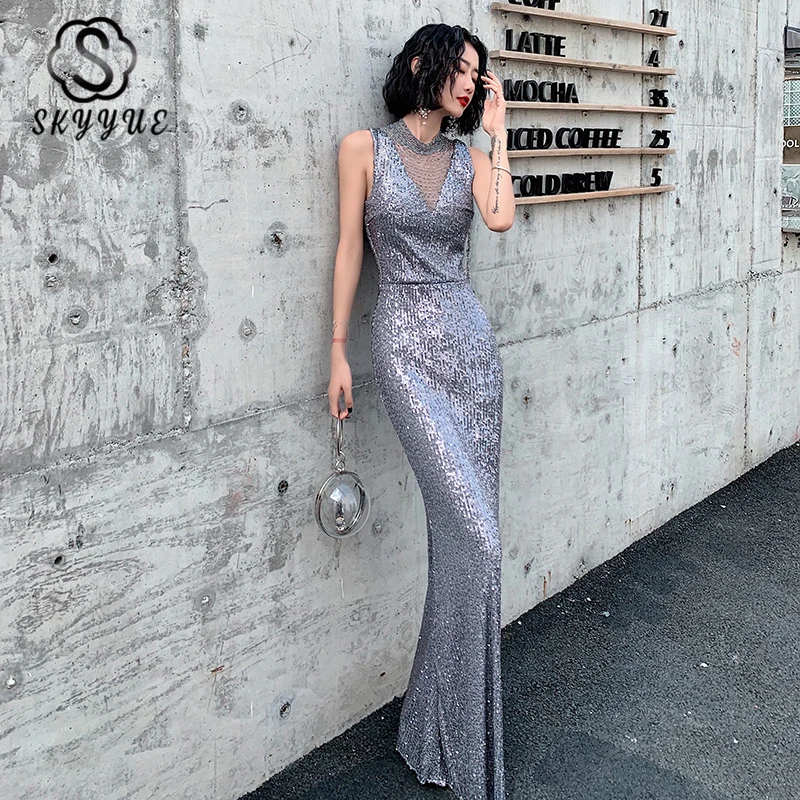 

Skyyue Sequined Party Dresses for Women Gray Beading Formal Gowns Elegant Robe De Soire K071 2020 Long Mermaid Evening Dresses