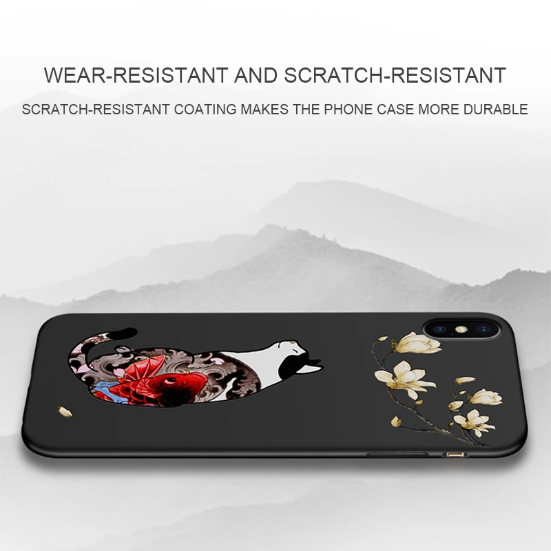Ukiyo-E Стильный чехол для iPhone X XR XS MAX Cat Koi 3D выступающий рельеф матовый мягкий чехол для задней панели устойчивый к царапинам и царапинам