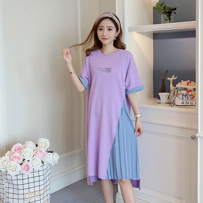 

2018 New Style Autumn Clothing Large Size Raglan Sleeve Printed Lettered Joint Pleated Chiffon Short Sleeve Pregnant Women Dress