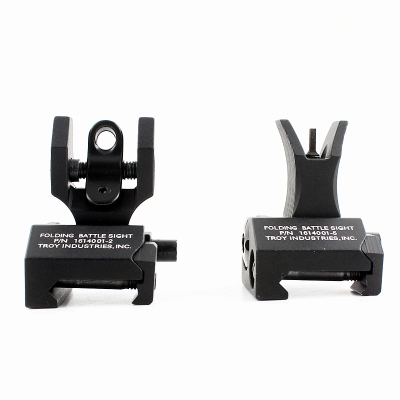 

Troy Tactical Hunting Iron Flip Up Front & Rear Sight Set Folding Profile Quick Detach Rapid Transition Metal Airsoft sights