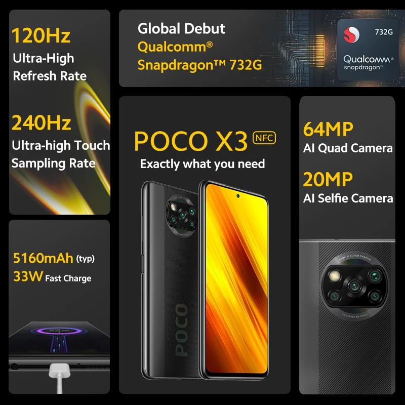 Global Version Xiaomi POCO X3 NFC 6GB 64GB Smartphone Snapdragon 732G Octa Core 64MP Quad Camera 6.67