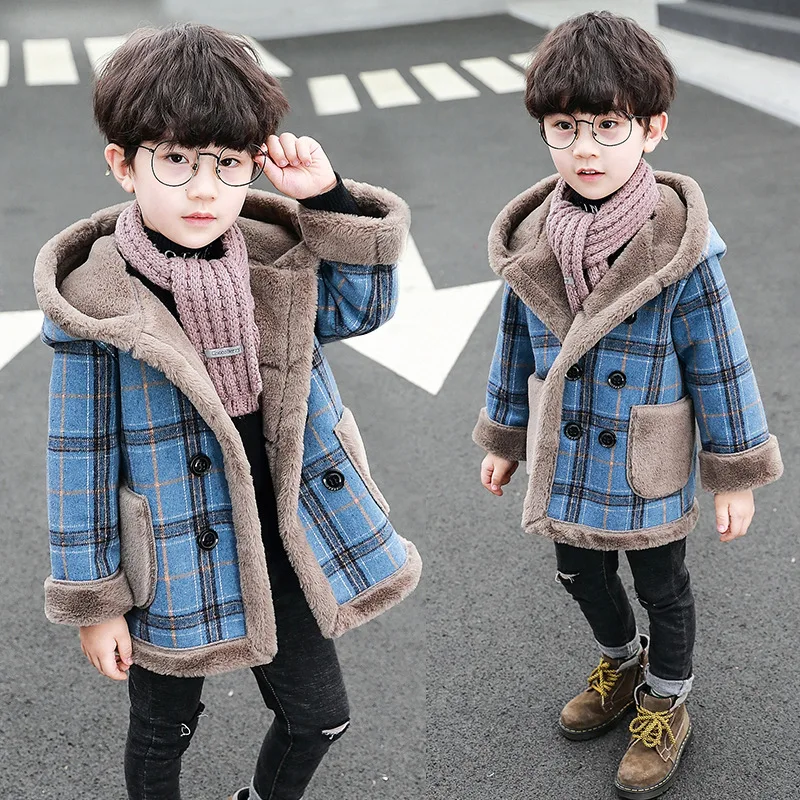 Children's Woolen Coats For Boys Autumn Winter Boy Warm Plaid Jackets Long Hooded Coats Fleece Thick Outerwear Kids Boy Overcoat
