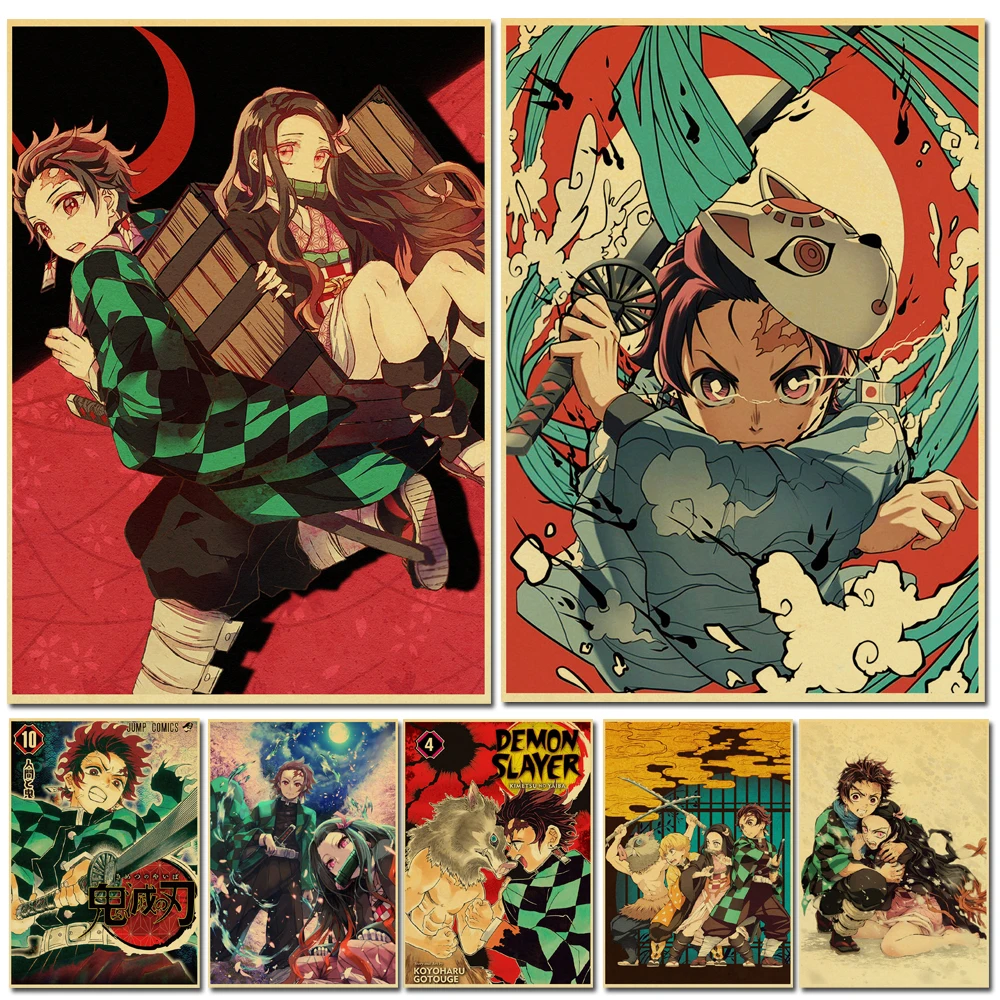 Vintage-Posters-Demon-Slayer-Kimetsu-no-Yaiba-Anime-Poster-Wall-Art-Retro-Poster-Painting-Decoration-for
