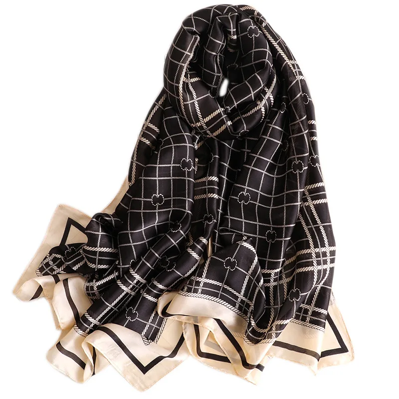 

100% Silk Scarf Women Black Red Color Plaid Print Shawls and Wraps Luxury Brand Female Long Soft Foulard 180x90cm