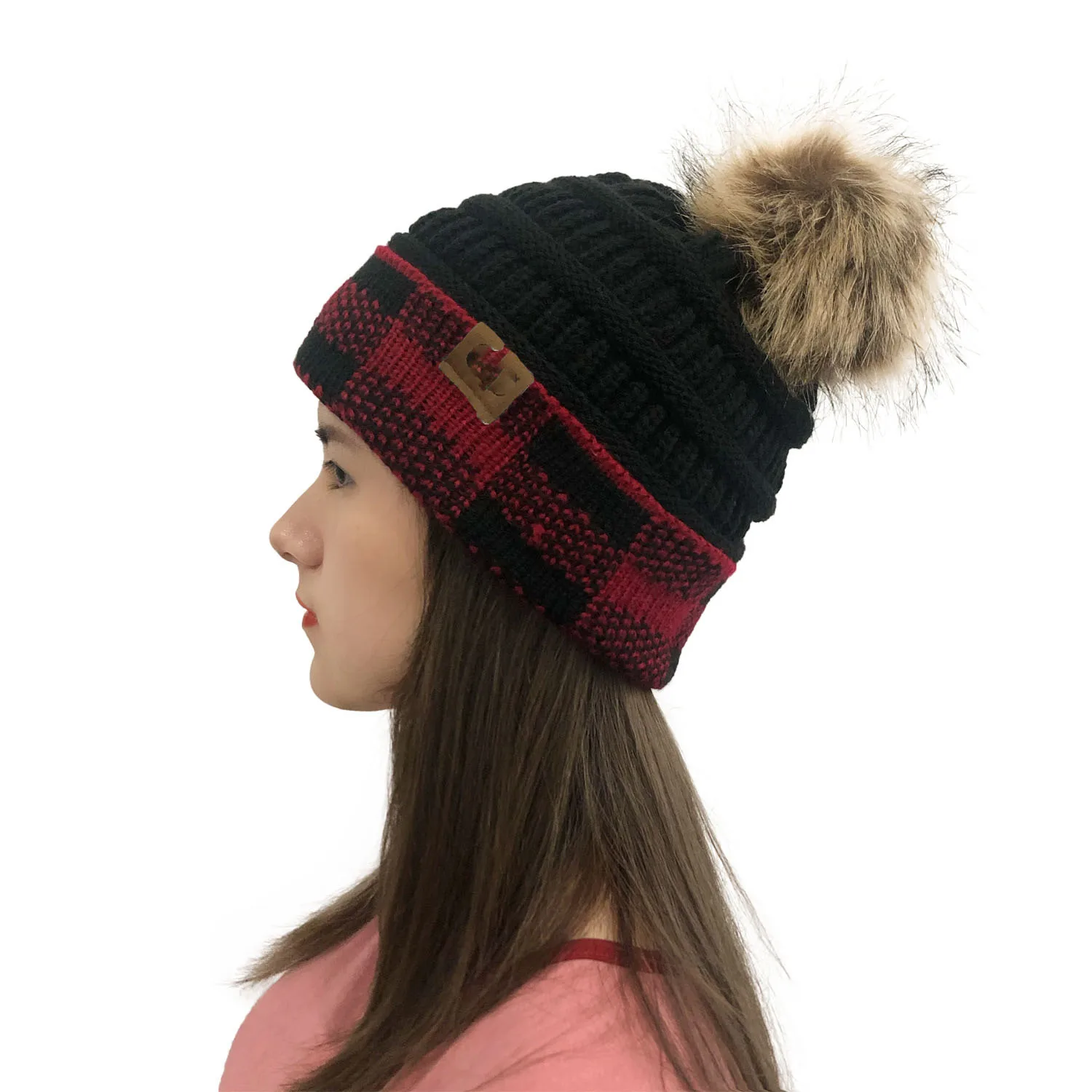 

Women Brand Autumn Winter Cap Female Skullies Hedging Hat Fashion Thick Warm Woolen Mosaic Square Pattern Hairball Loose Soft