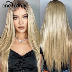 oneNonly Long Straight Lace Front Wig Female Ombre Brown Blonde Wigs Cosplay Daily High Density Heat Resistant Natural Hair