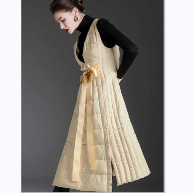 Autumn And Winter Duck Down Long Skirt Thin And Warm Waist Waist Big Swing Sleeveless Pullover Down Jacket Women Long Dress