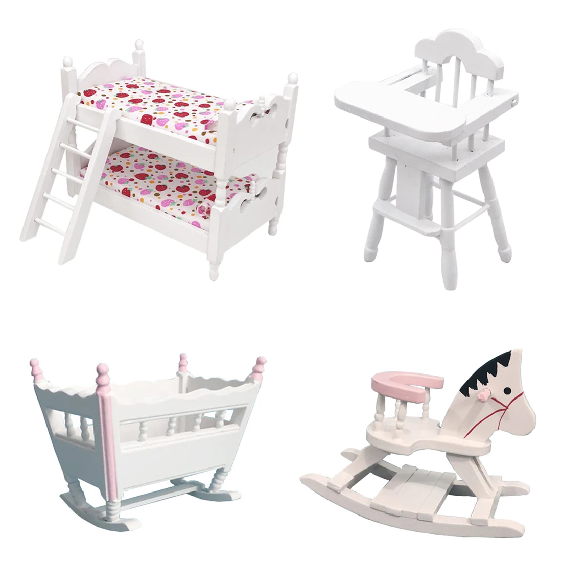  1/12 Scale Miniature Dollhouse Baby High Chair+Pocket Baby Cradle Model+Children Bedroom Bunk Bed+R