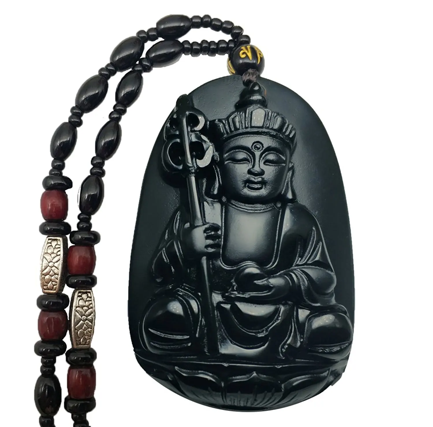 LETSFUN Fine Jewelry Clin-kk Pure Natural Obsidian Tibet Buddhism Jizo King Di Zang Buddha Necklace Pendant Free Shipping | Украшения и