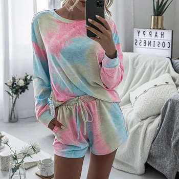 

Womens Gradient T-shirt Shorts Set 2 Pcs Lounge Wear Long Sleeve Top Drawstring Homewear Casual Suit