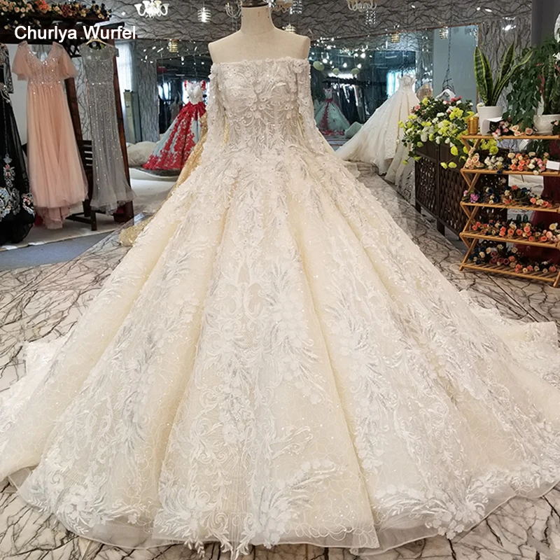 

LS05400 shiny flowers sexy off shoulder wedding dress boat neck long sleeve bride gown high quality quick shipping from china