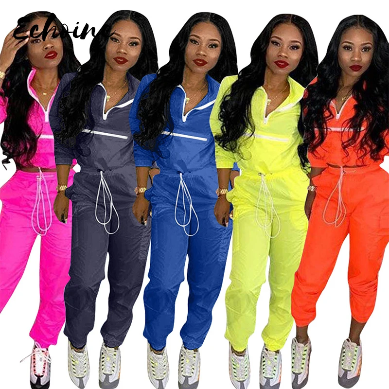 Echoine Women Zip Up Neck Long Sleeve Short Trench Safari Pants Suits Two Pieces Set Sporting Tracksuit Outfit Plus Size |