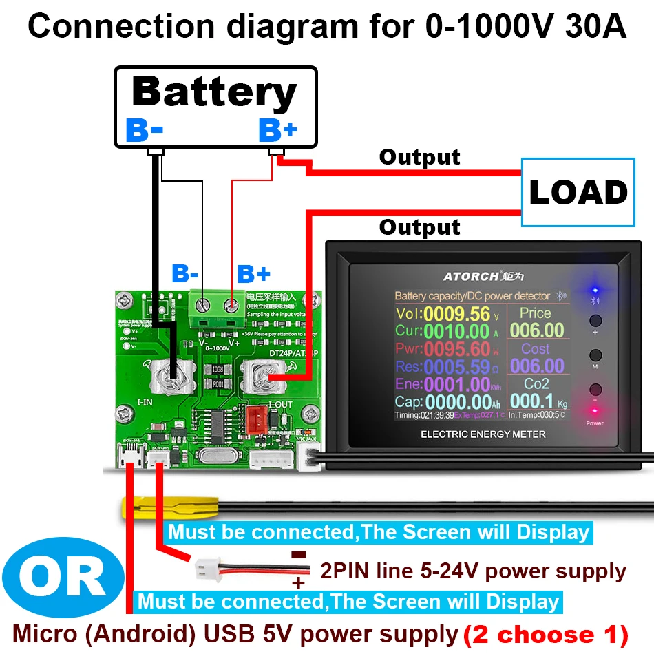 DT24P-30A 1000V DC Power Supply Voltmeter Ammeter Battery Capacity Tester Meter 