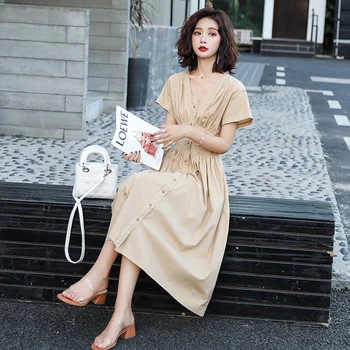 

Elegant V-neck High-waisted 2020 Summer A-Line Dress Dresses Woman Party Night Plus Size Button Mid-Calf Vintage Dress